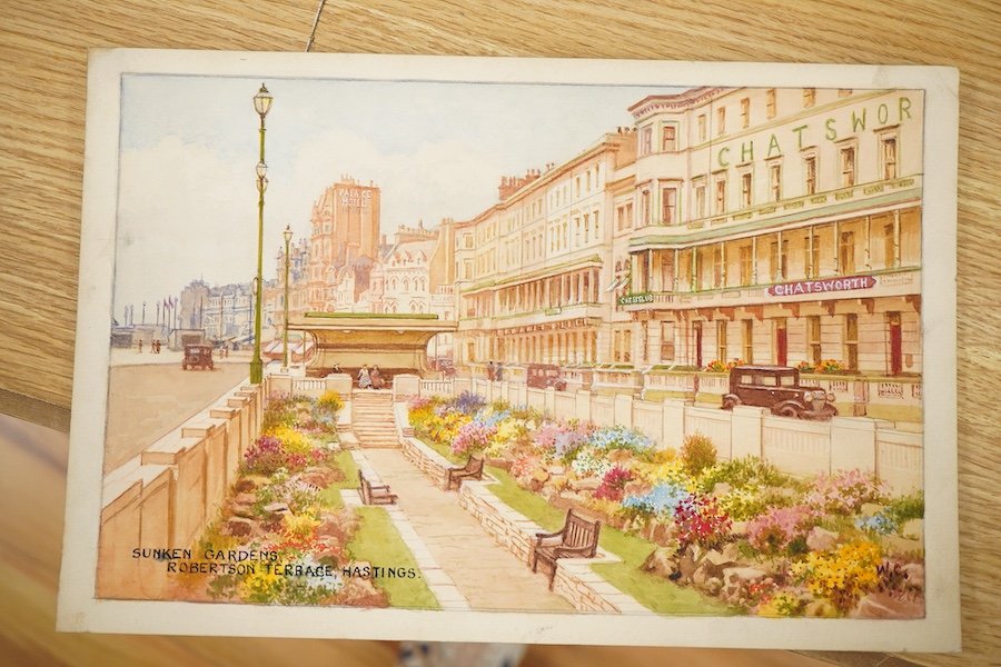 William Carruthers Affleck (1868-1943), Set of seven original watercolours for postcard designs, comprising of Hasting views, to include: ‘Sunken Gardens’, ‘Fairlight Glen’ and ‘The Pier’, 21 x 31cm